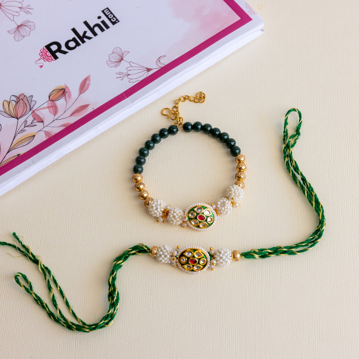 Bhaiya Bhabhi Golden Green Rakhi Set