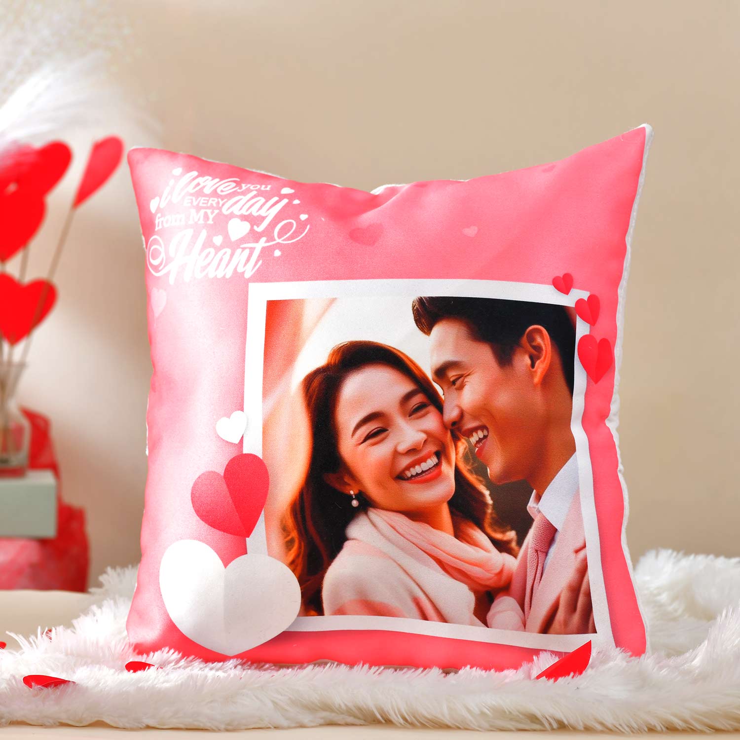 Lovely Personalized Cushion With Mug & Tea Coaster