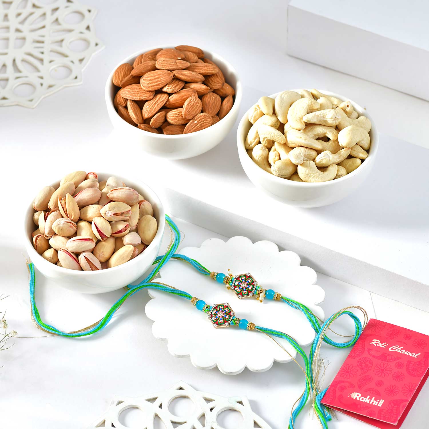2 Designer Blue Rakhi Dry Fruit Hamper