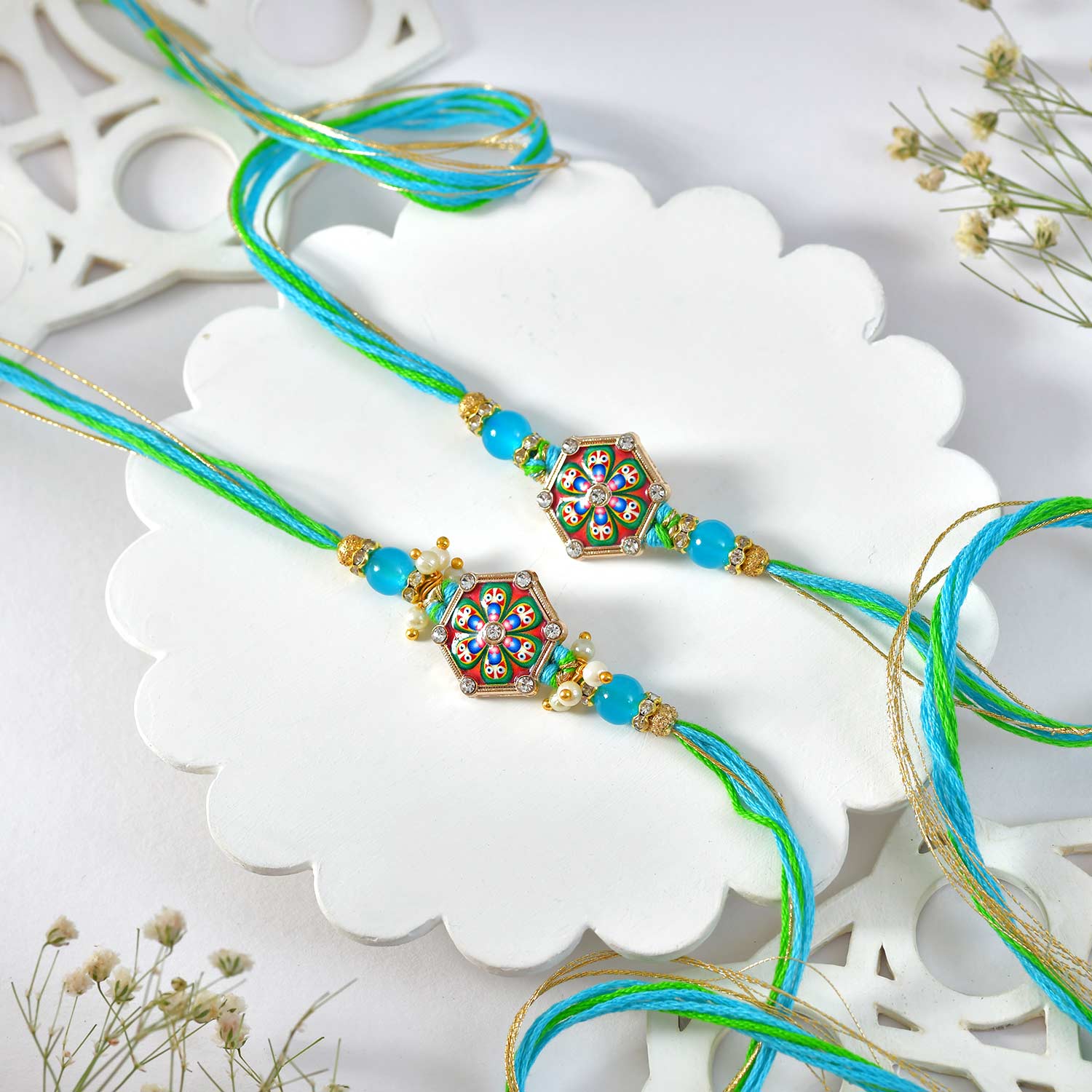 2 Designer Blue Rakhi Dry Fruit Hamper