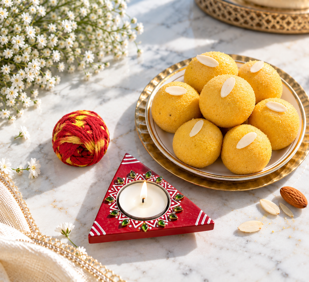 Bhaidooj Celebration With Besan Laddu And Tealight