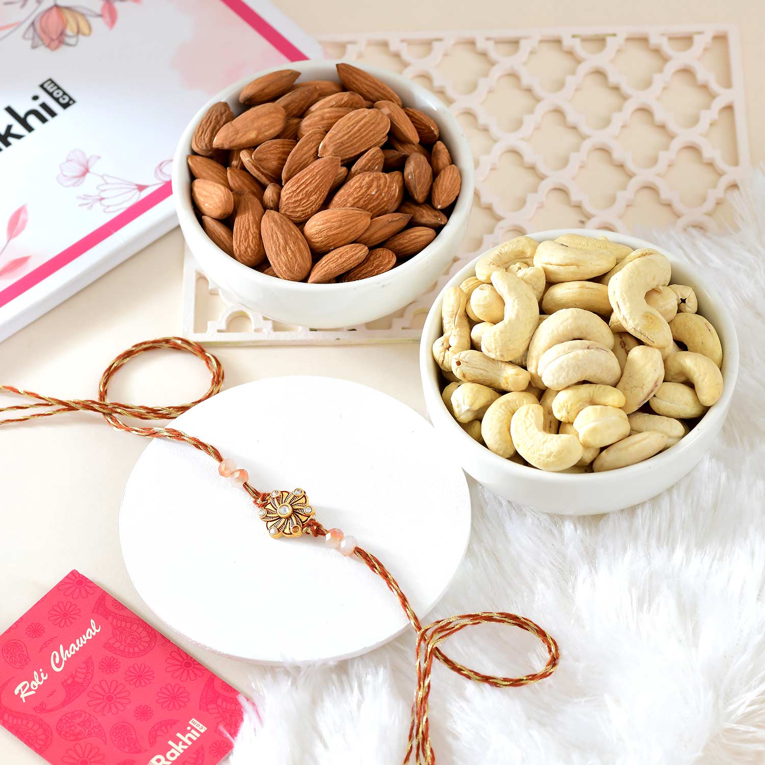 Golden Lotus Flower Rakhi With Dry Fruits