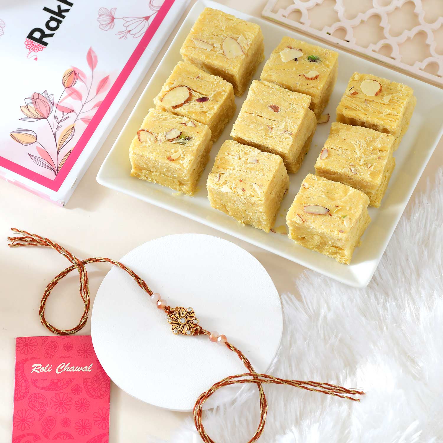 Golden Lotus Flower Rakhi With Soan Papdi