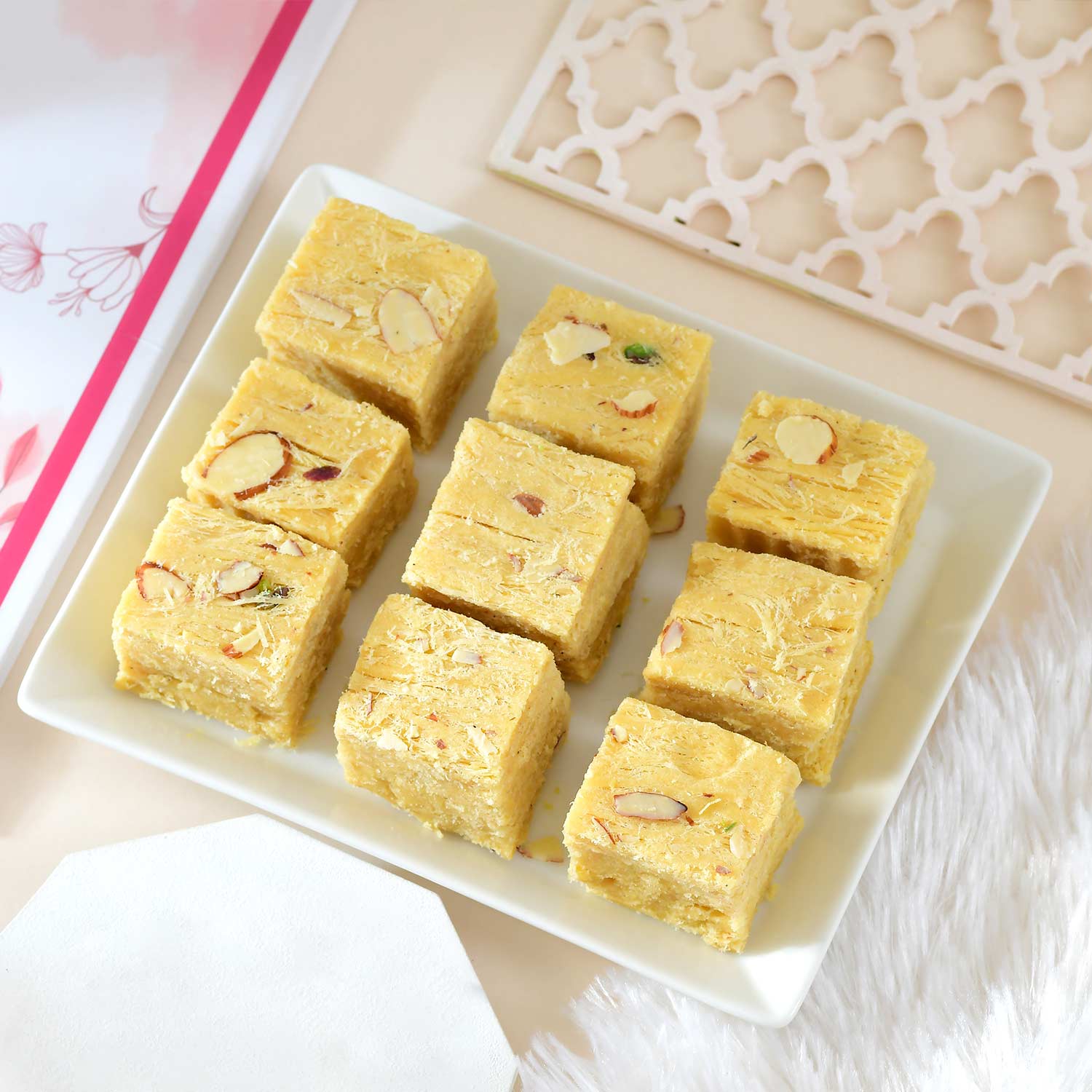 Golden Lotus Flower Rakhi With Soan Papdi