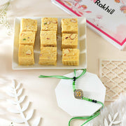 Designer Olive Green Golden Rakhi With Soan Papdi