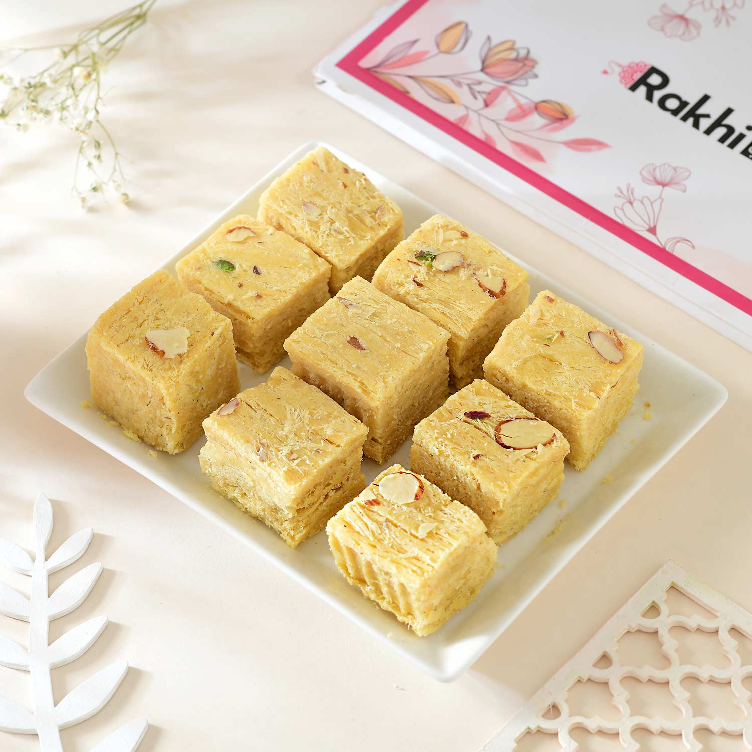 Designer Olive Green Golden Rakhi With Soan Papdi