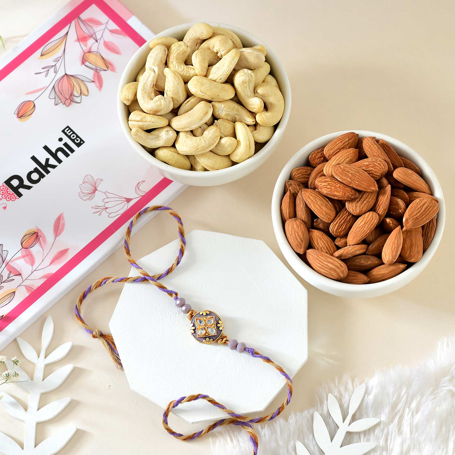 Designer Purple Rakhi With Dry Fruits