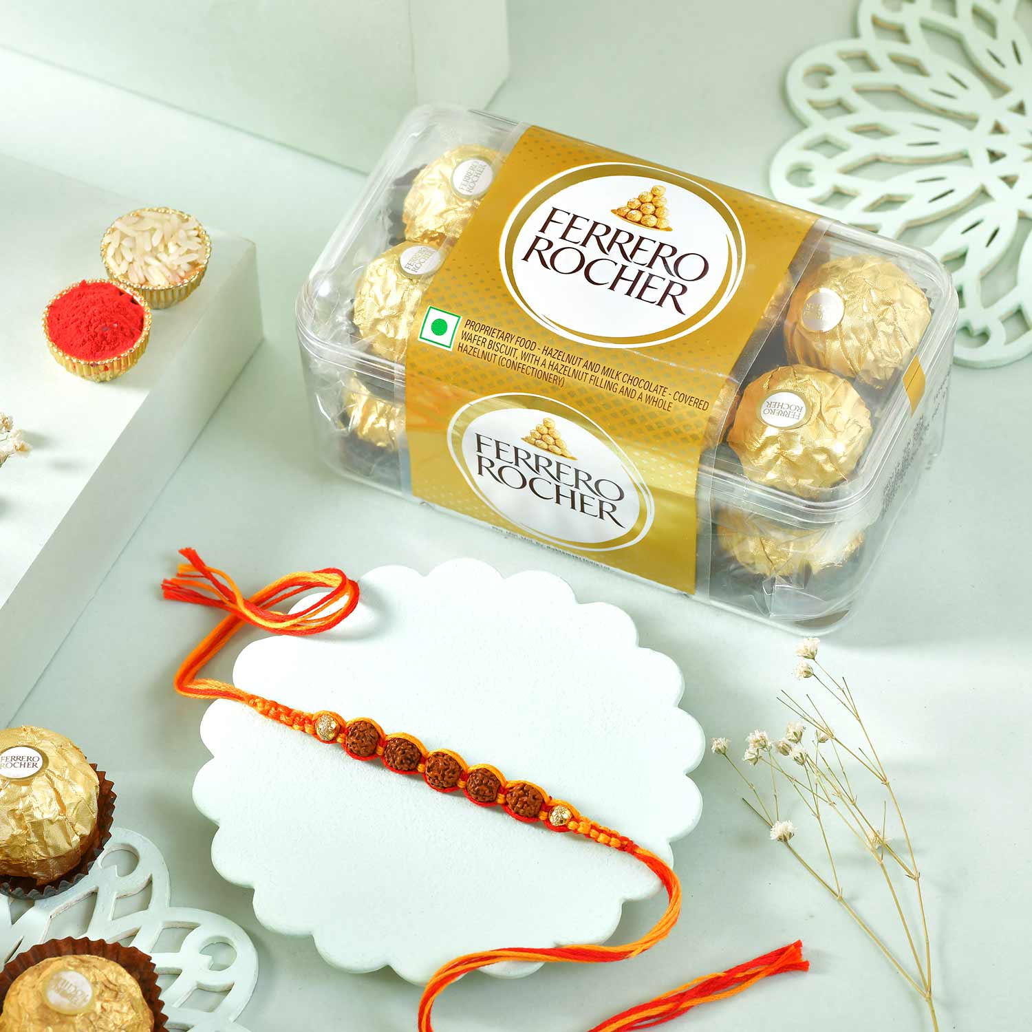 Saffron Rudraksh Rakhi With Ferrero Rochers
