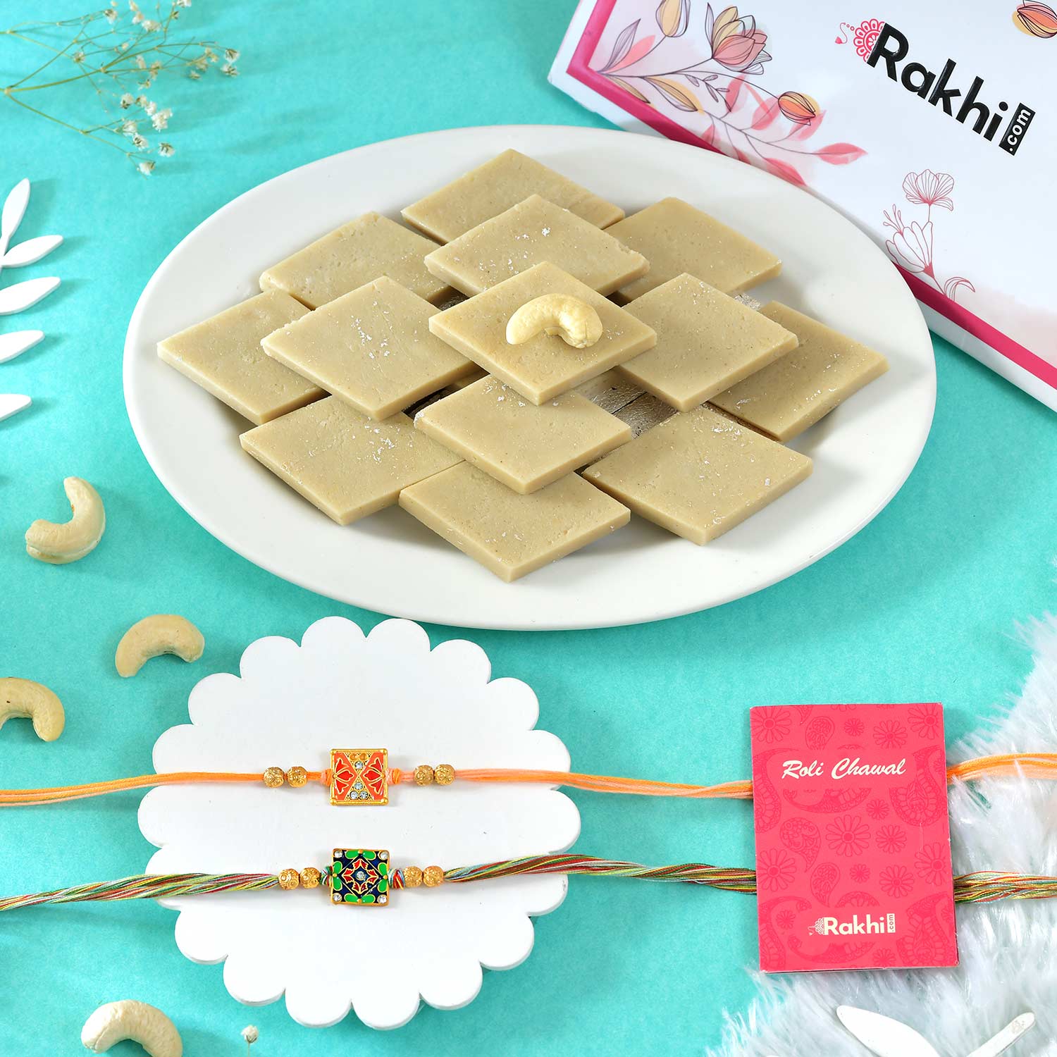 Pair Of Vibrant Rakhi With Kaju Katli