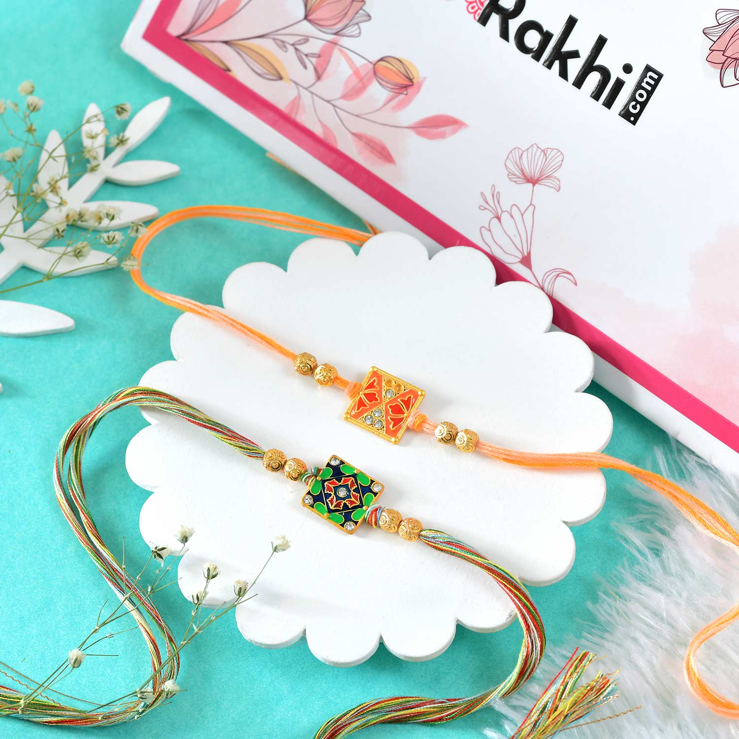 Pair Of Vibrant Rakhi With Kaju Katli