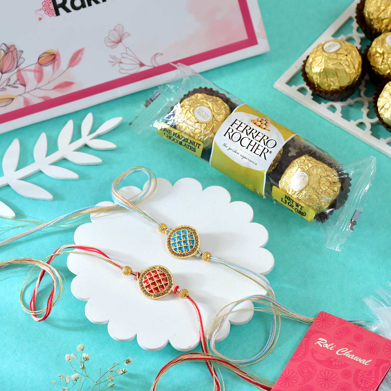 2 Golden Mantra Rakhi Set With Ferrero Rocher