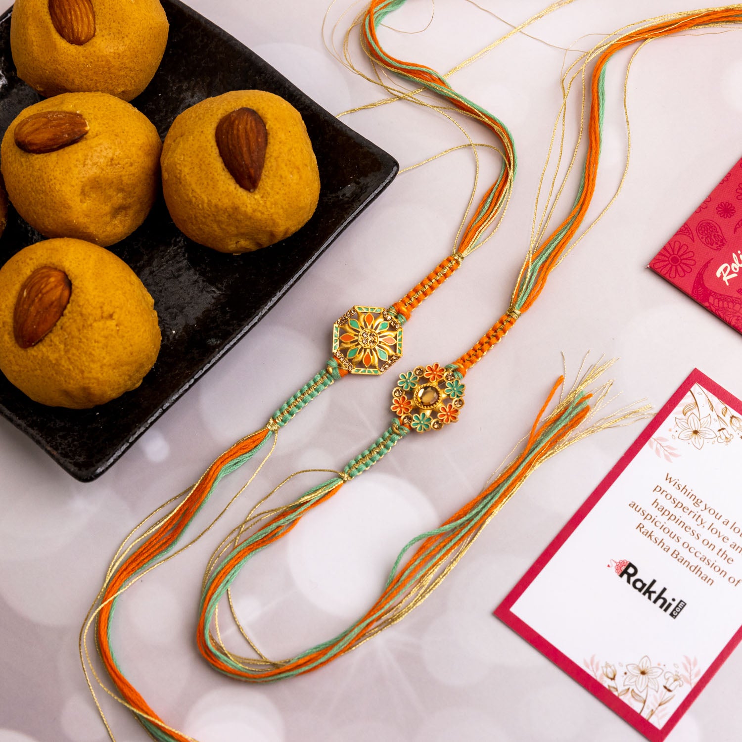2 Colorful Vibrant Rakhi With Besan Laddu