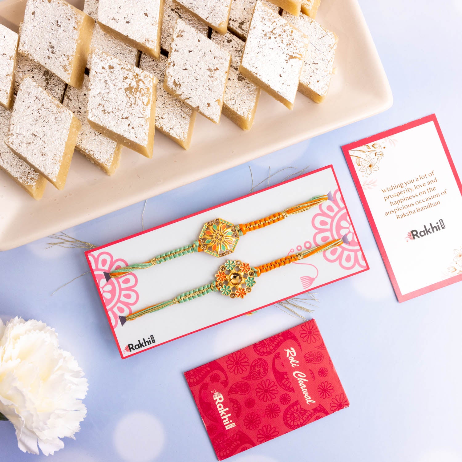 2 Colorful Vibrant Rakhi With Kaju Katli
