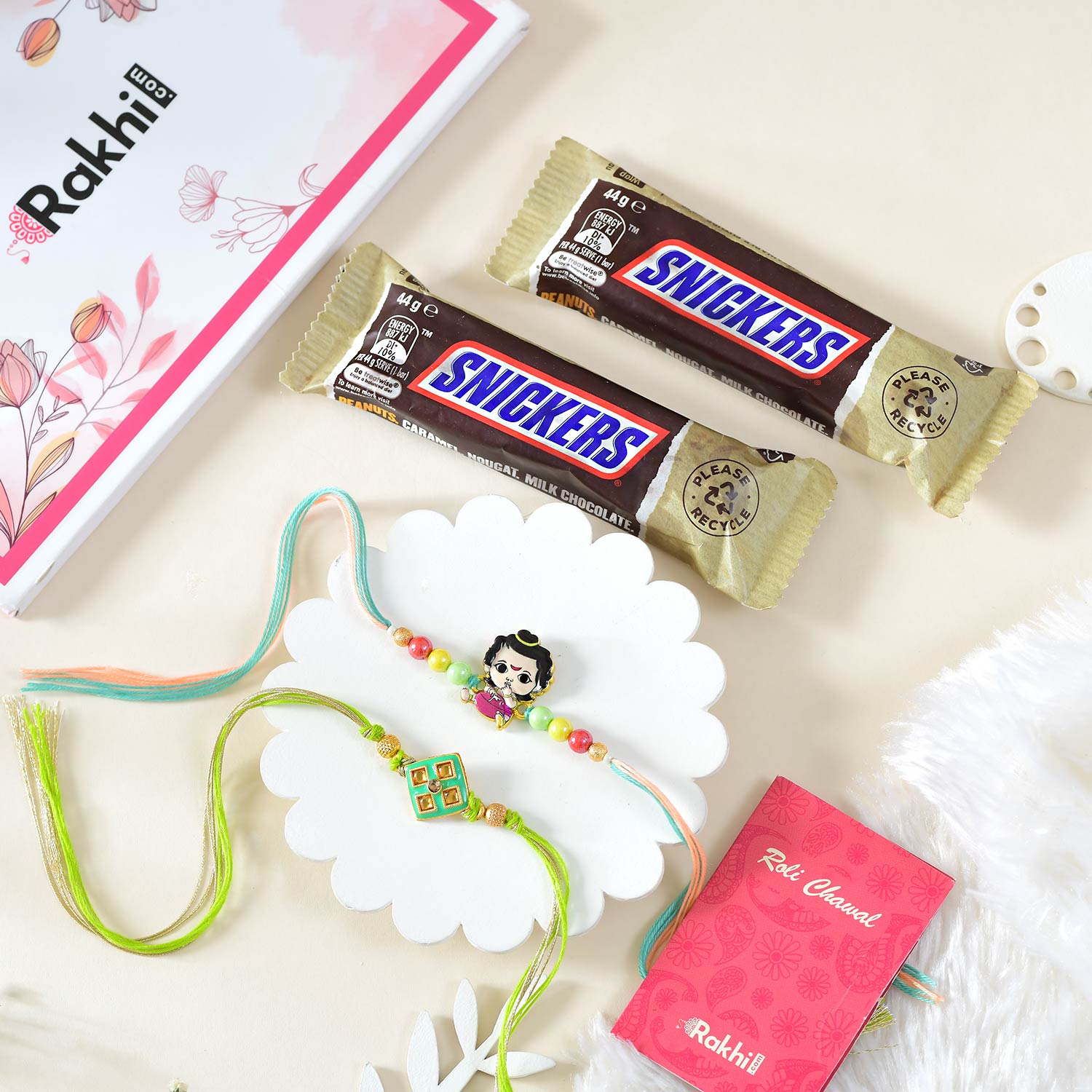 Beautiful Bhai Bhatija Rakhi Set With Snickers Chocolates