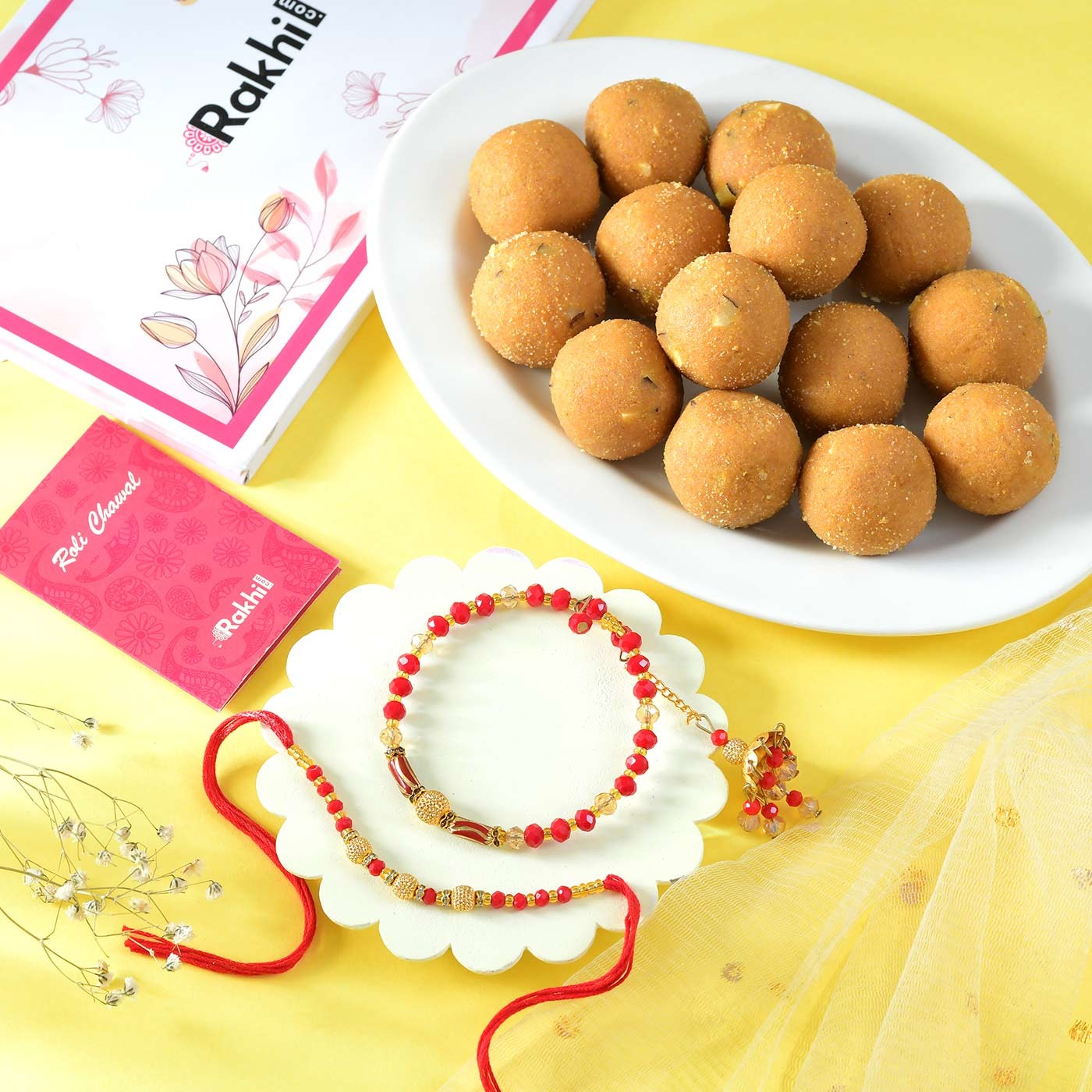 Rajwadi Red Bhaiya Bhabhi Rakhi Set With Besan Laddu