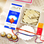 Hand Crafted Rudraksh Rakhi Pair With Sweets & Chocolates