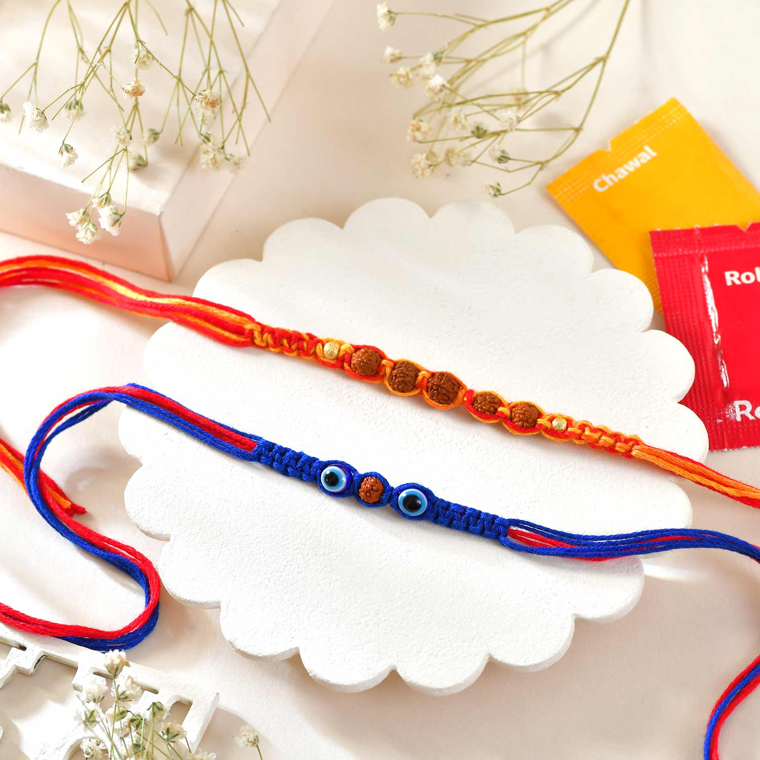 Hand Crafted Rudraksh Rakhi Pair With Sweets & Chocolates