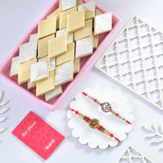Two Religious "Om" Rakhi Set With Kaju Katli