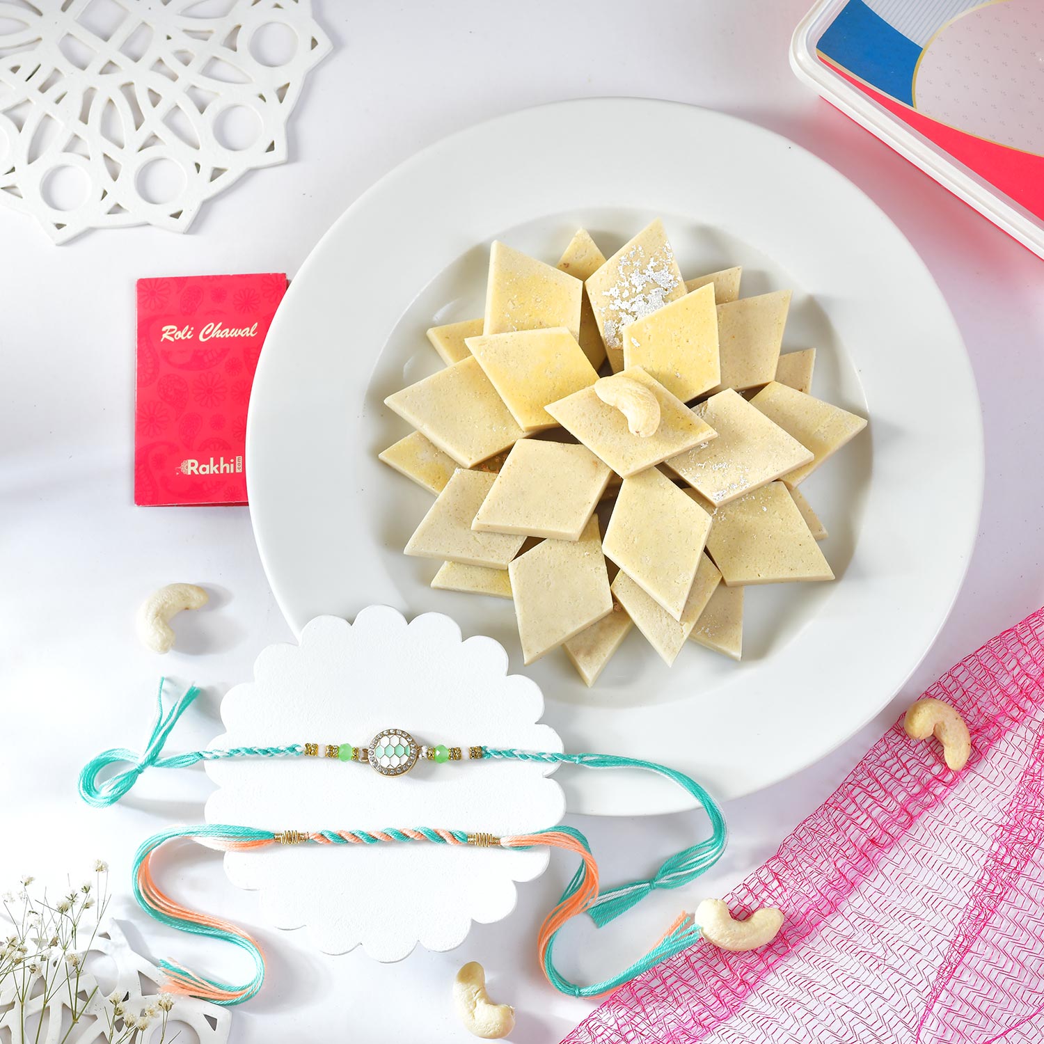 Greenish Duos Rakhi With Kaju Katli