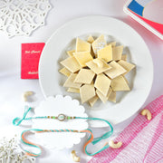 Greenish Duos Rakhi With Kaju Katli