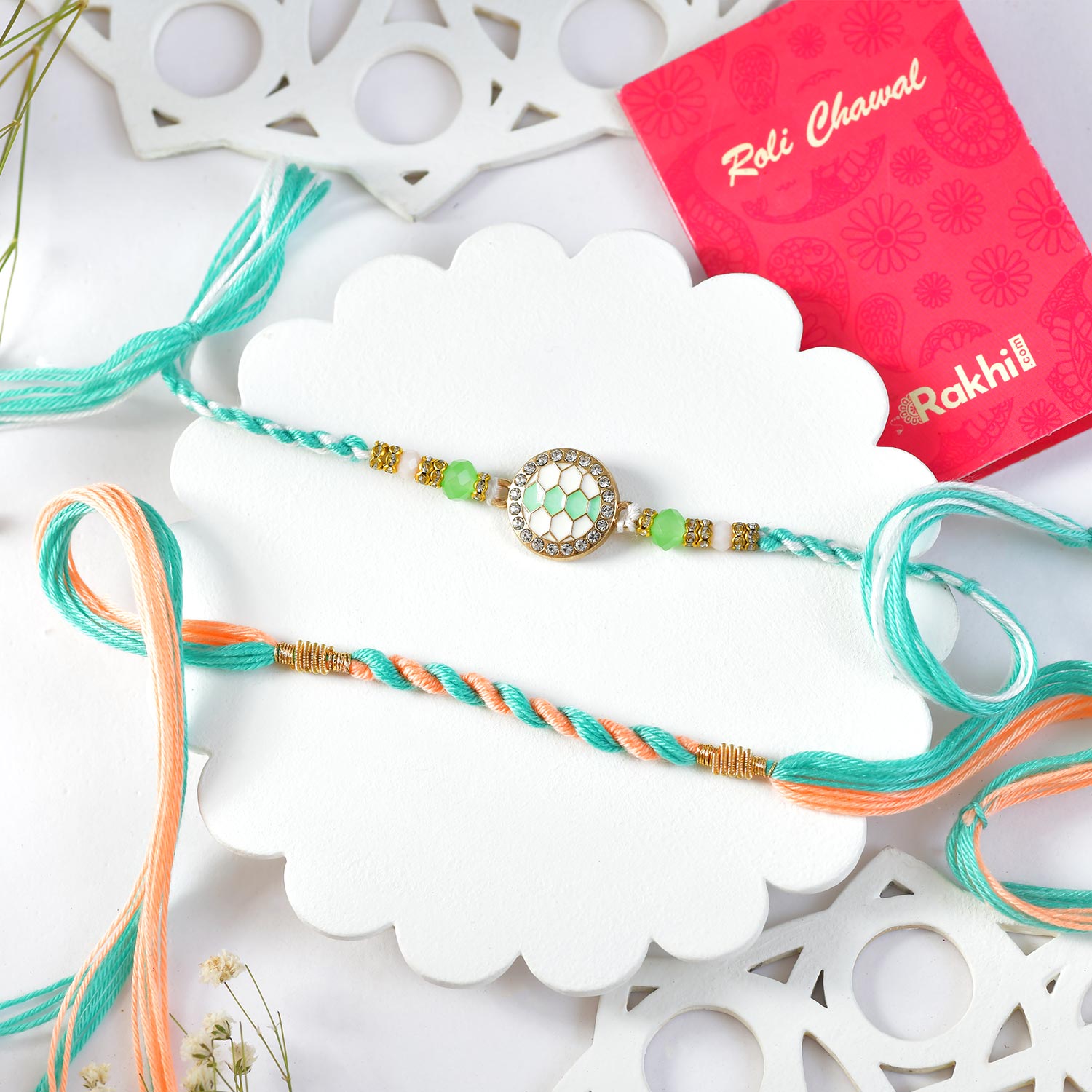 Greenish Duos Rakhi With Kaju Katli