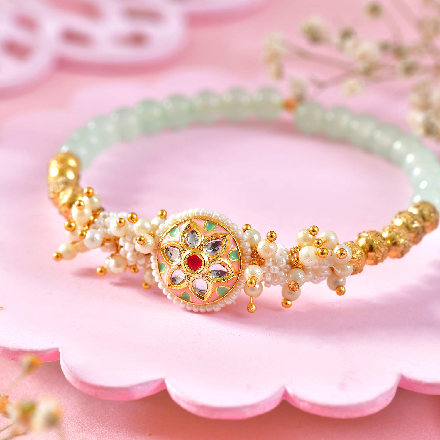 Golden Green Bhaiya Bhabhi Rakhi set