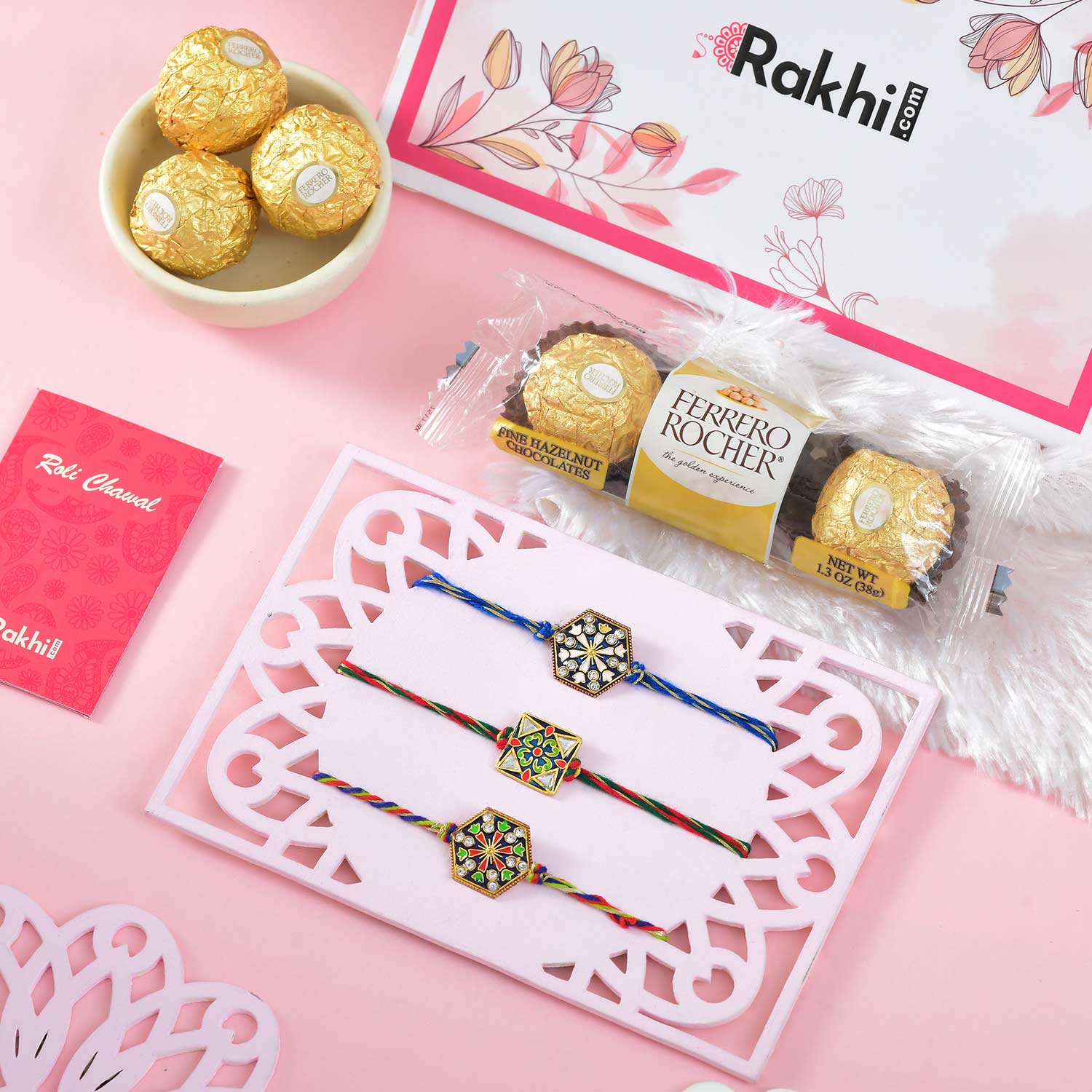 3 Meenakari Rakhi Set With Ferrero Rocher