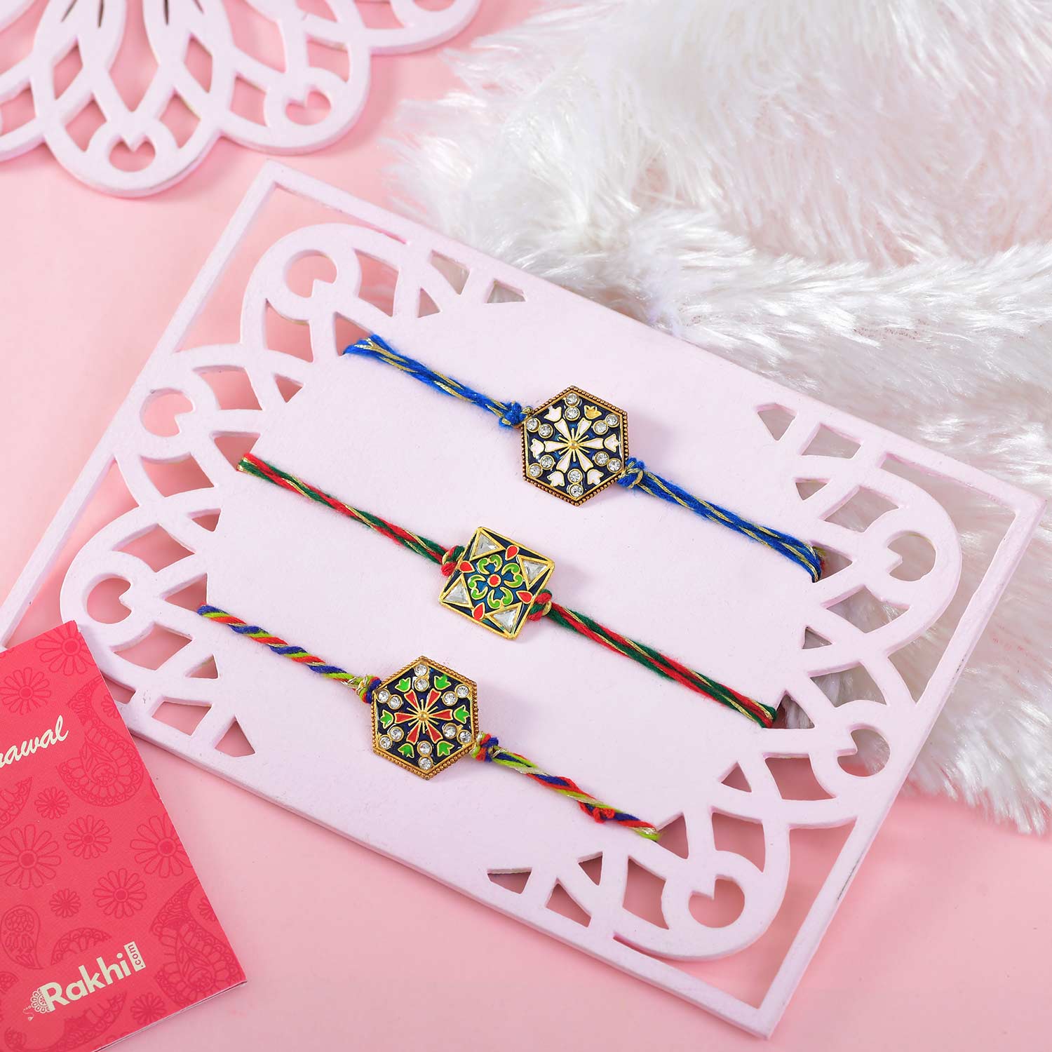 3 Meenakari Rakhi Set With Lindt & Dry Fruits