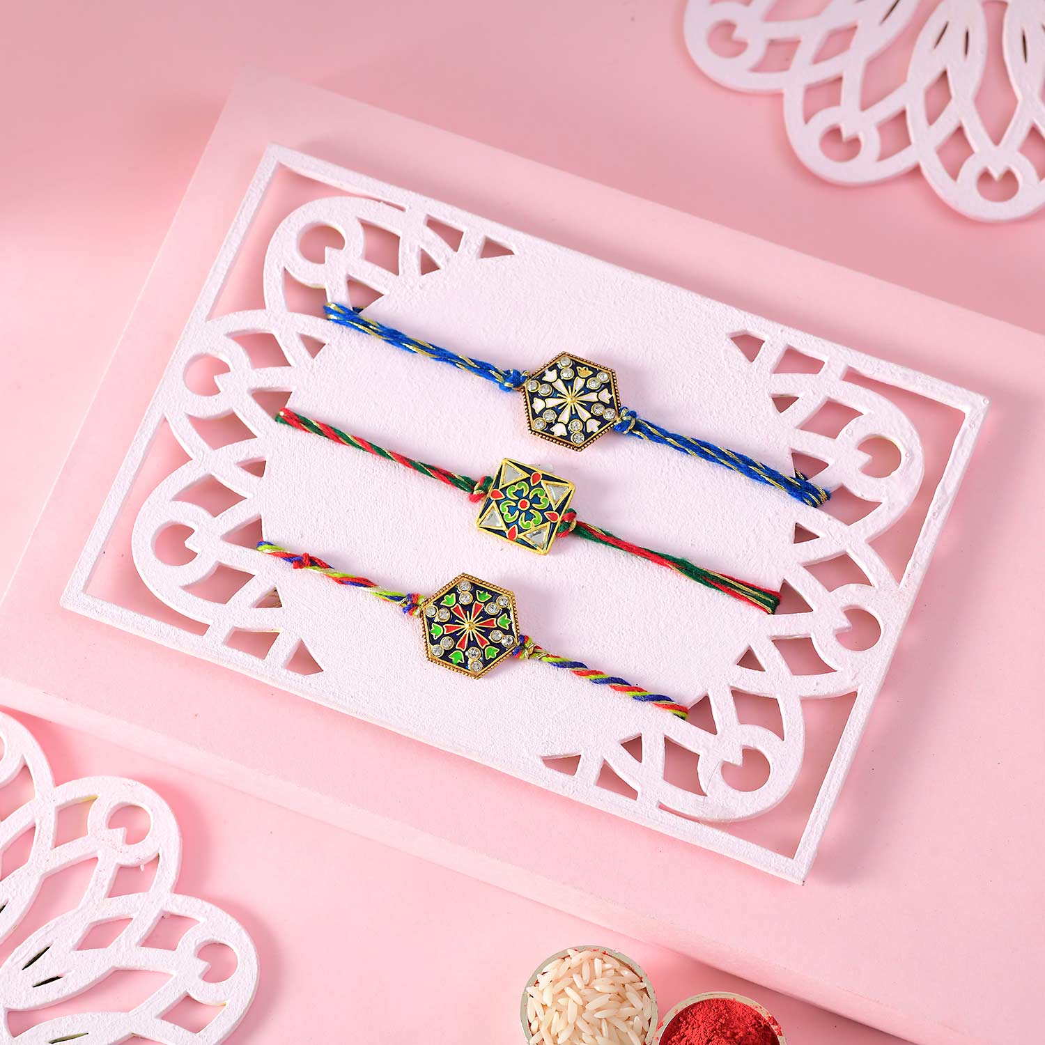 3 Meenakari Rakhi Set With Kaju Katli & Almonds