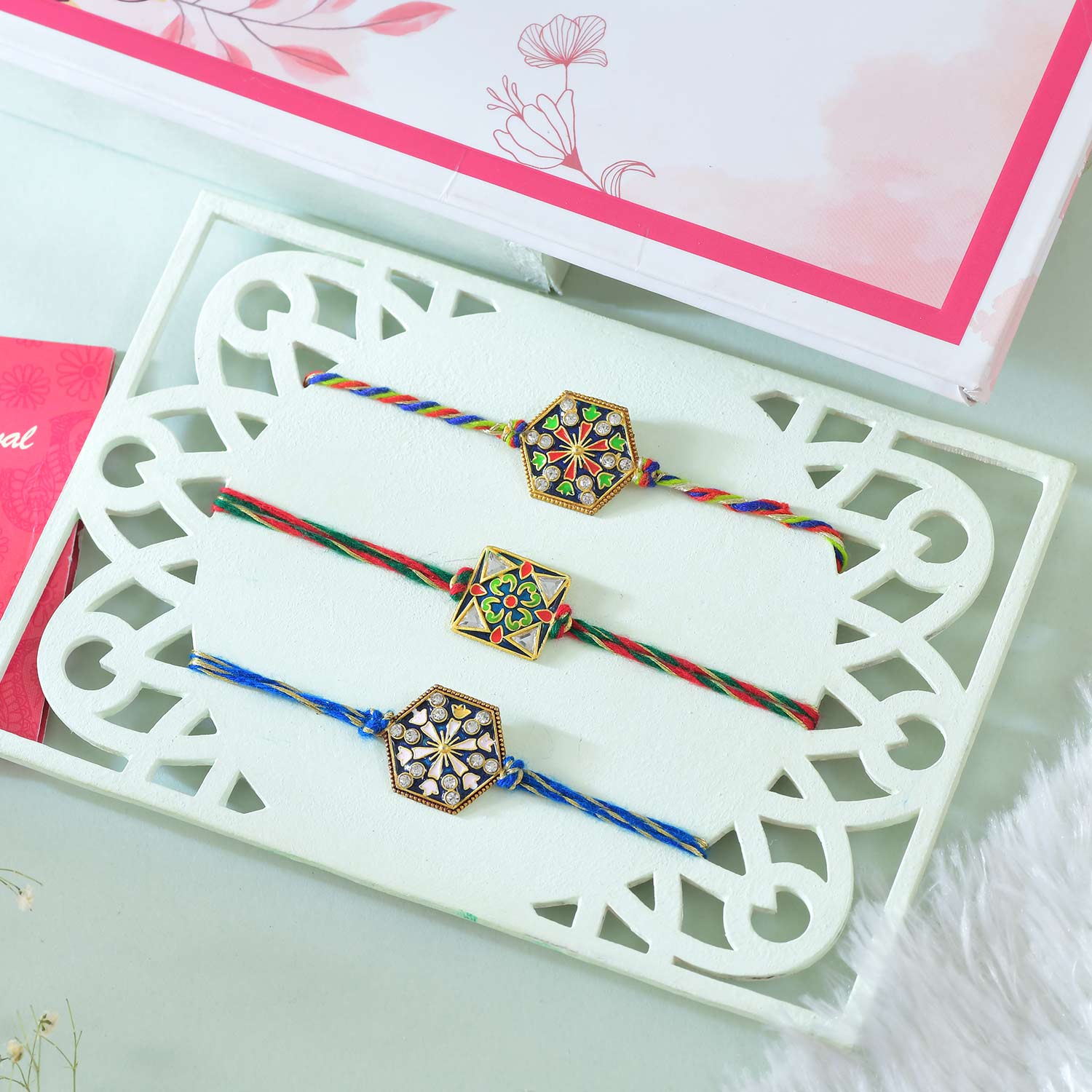 3 Meenakari Rakhi Set With Kaju Katli