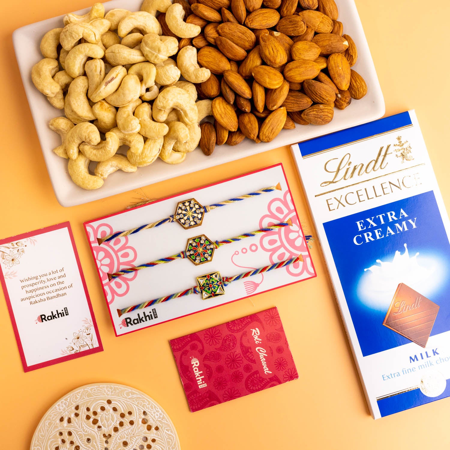 3 Meenakari Rakhi Set With Lindt & Dry Fruits