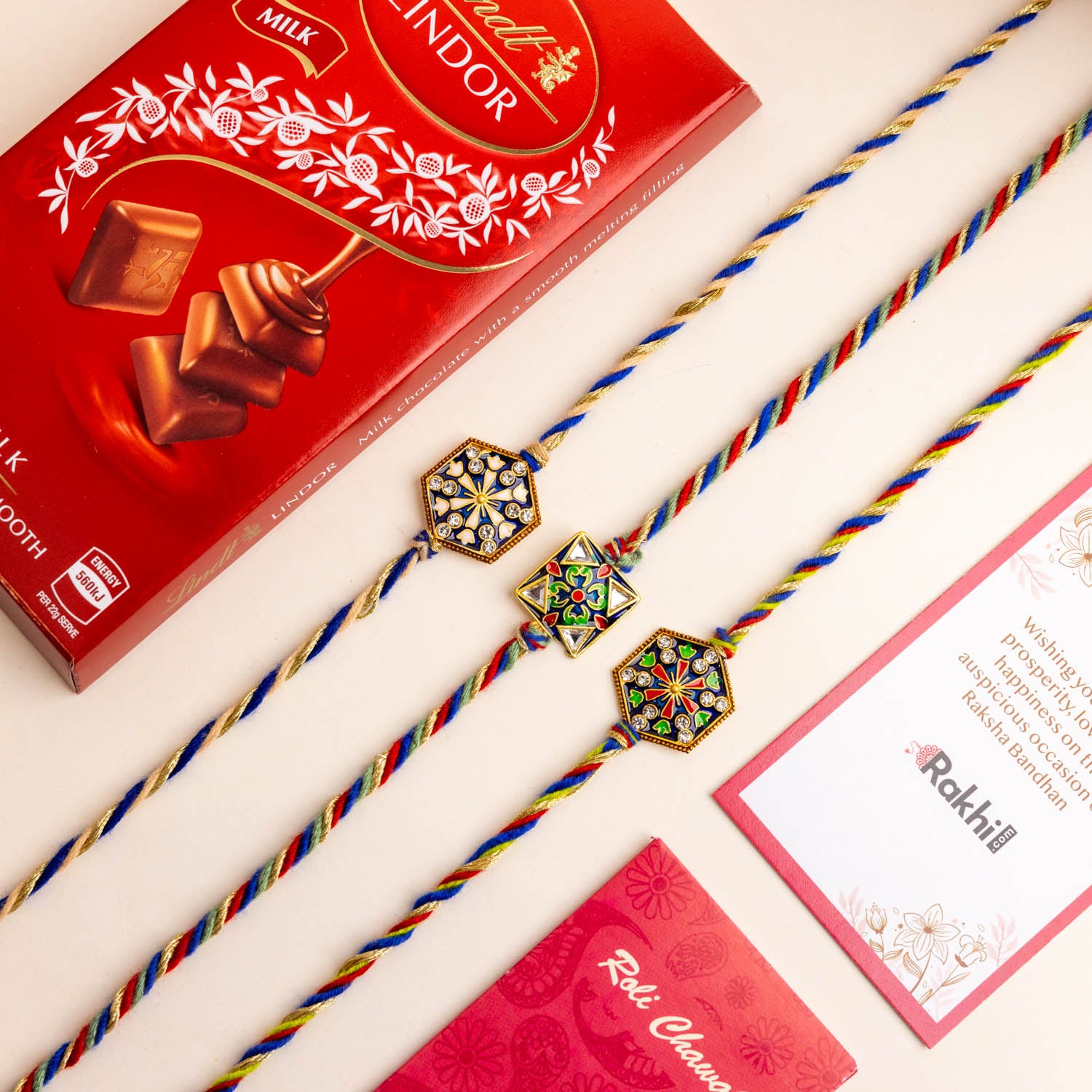 3 Meenakari Rakhi Set With Lindt Lindor Bar