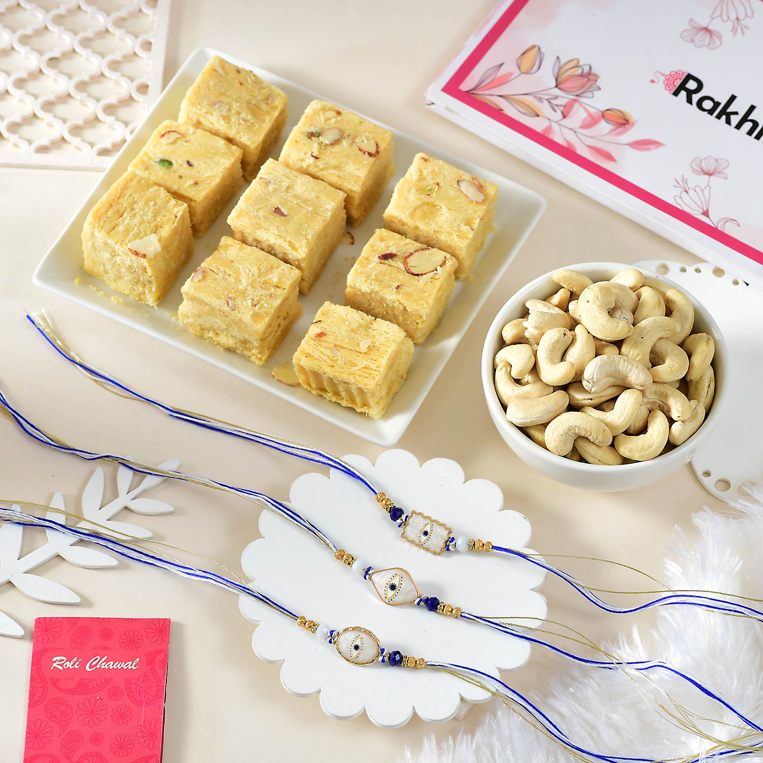3 Evil Eye Protection Rakhi Sweet & Nut Hamper