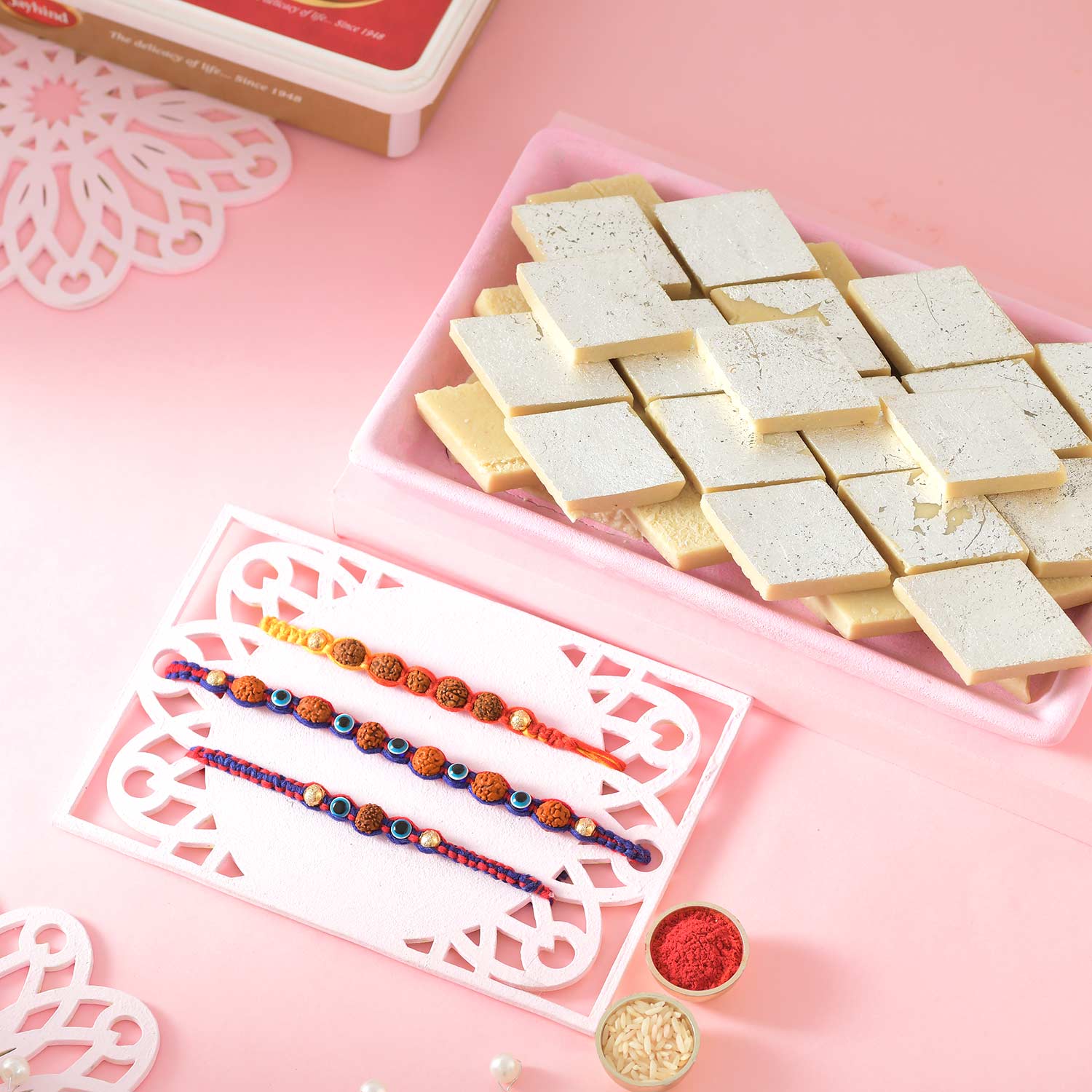 Hand Crafted 3 Rudraksh Rakhi With Kaju Katli