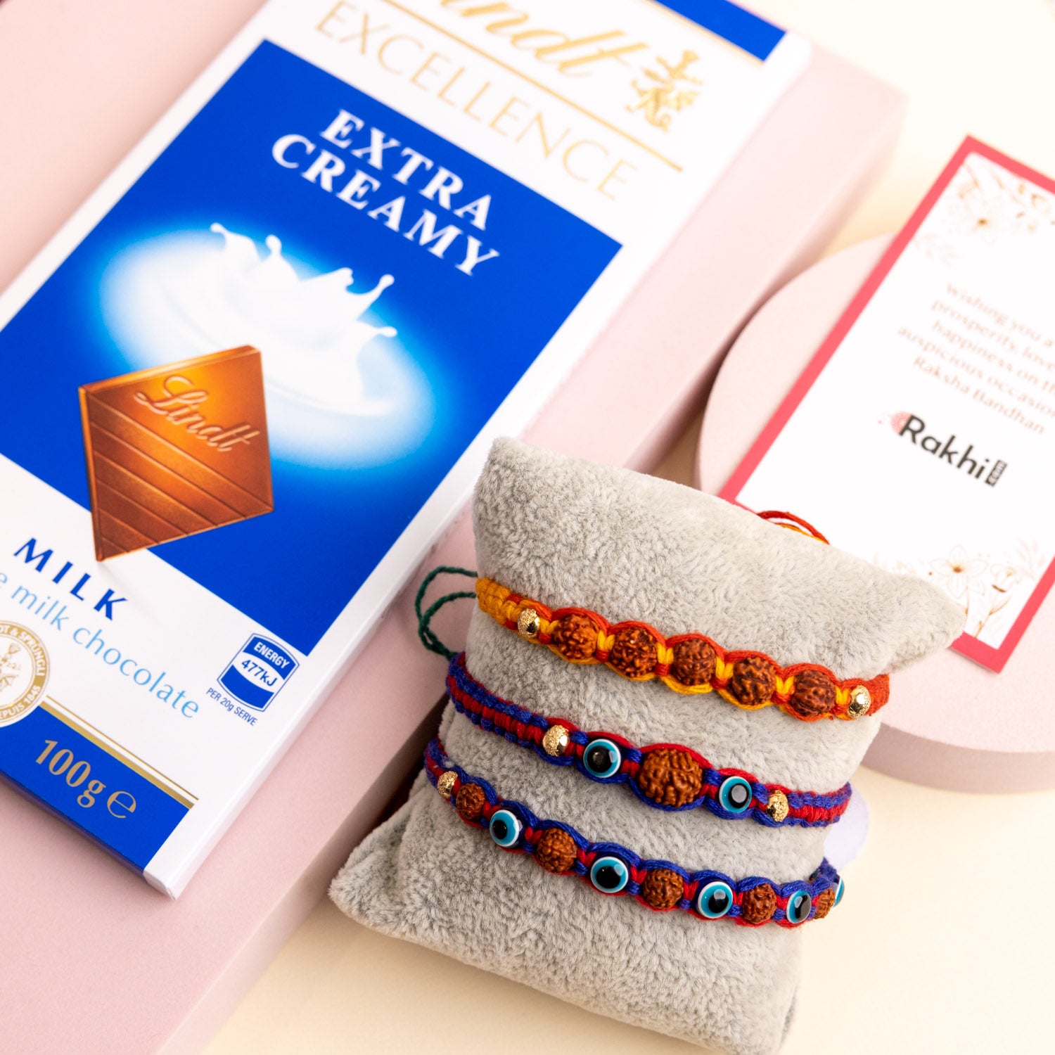 Hand Crafted 3 Rudraksh Rakhi With Lindt Chocolate