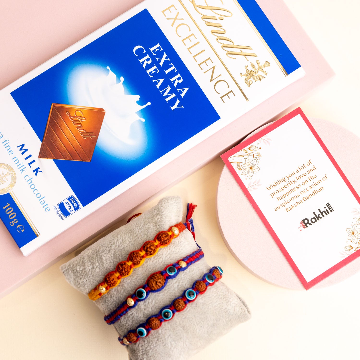 Hand Crafted 3 Rudraksh Rakhi With Lindt Chocolate