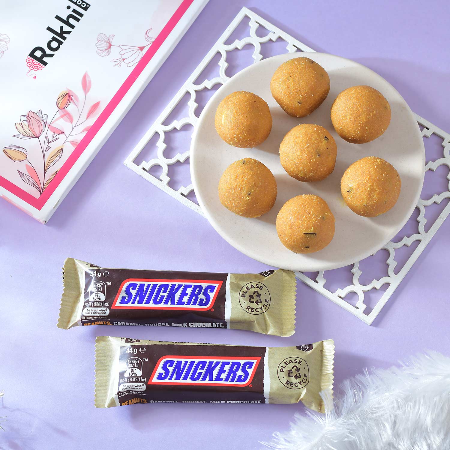 Royal Green Rakhi With Besan Laddu And Snickers Chocolate