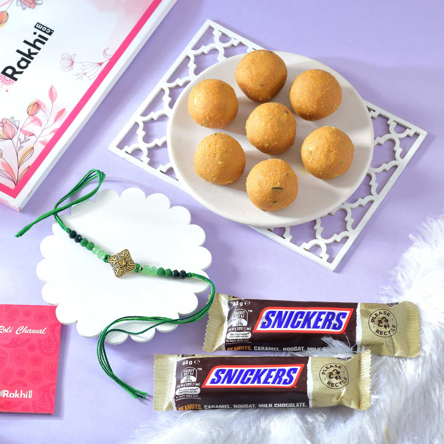 Royal Green Rakhi With Besan Laddu And Snickers Chocolate