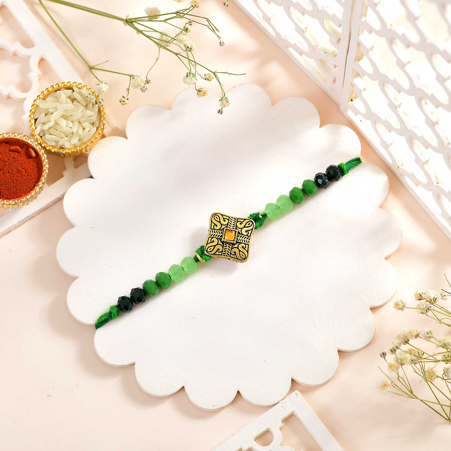 Heritage Royal Green Rakhi With Ferrero Rochers