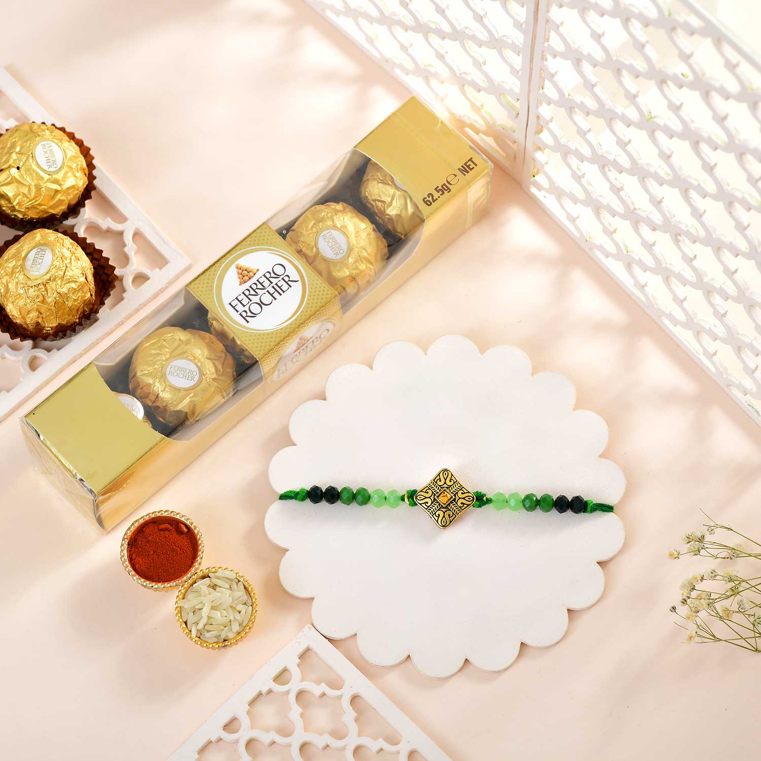 Heritage Royal Green Rakhi With Ferrero Rochers