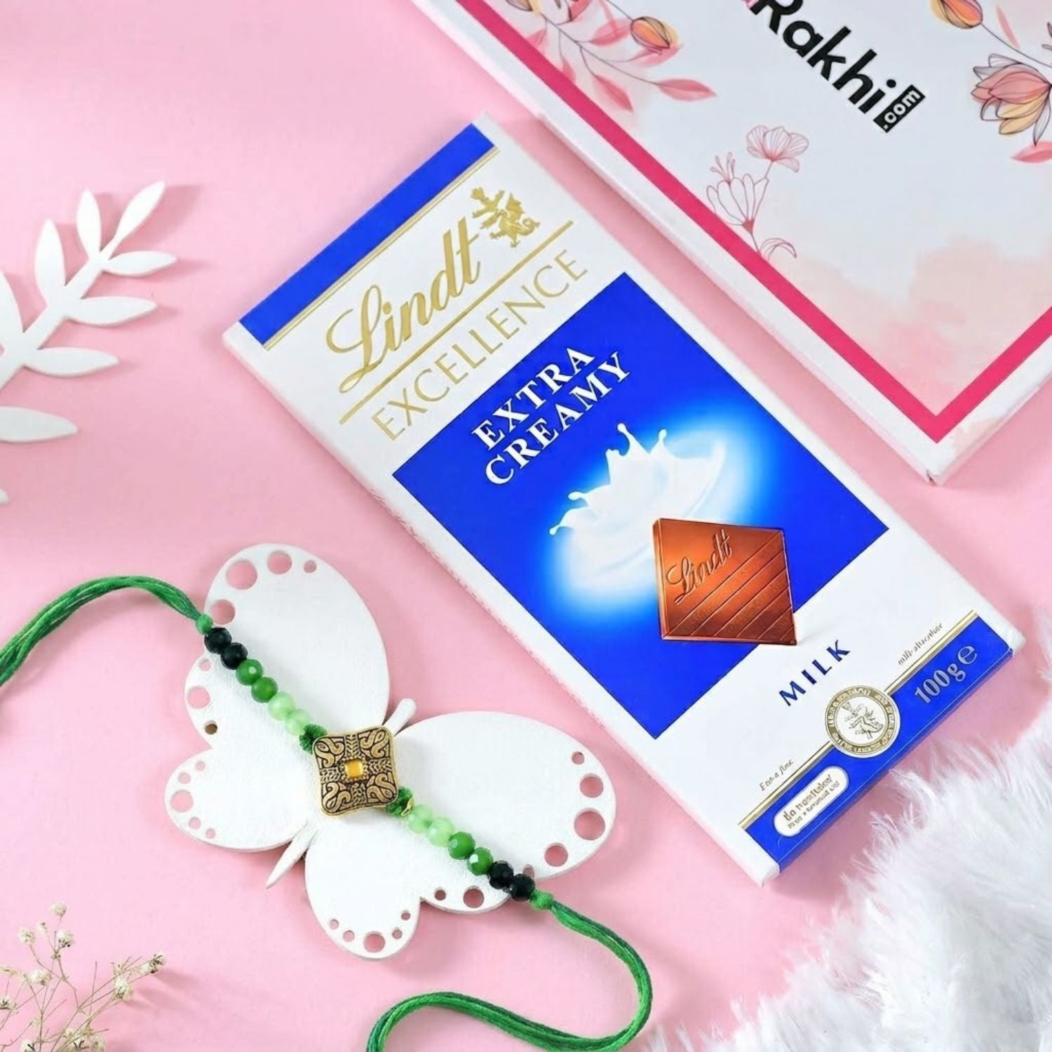 Heritage Royal Green Rakhi With Lindt Chocolate Bar
