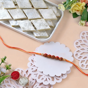 Saffron Rudraksh Rakhi With Kaju Katli