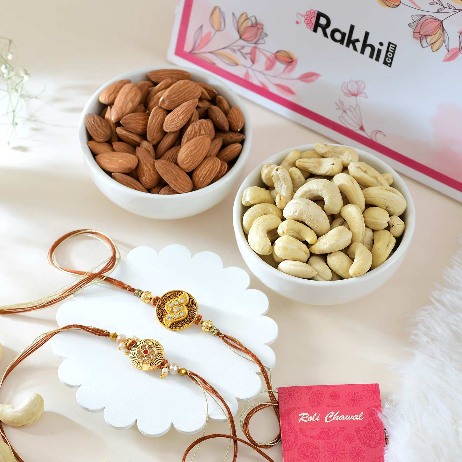 2 Golden Brown Rakhi Set With Dry Fruits