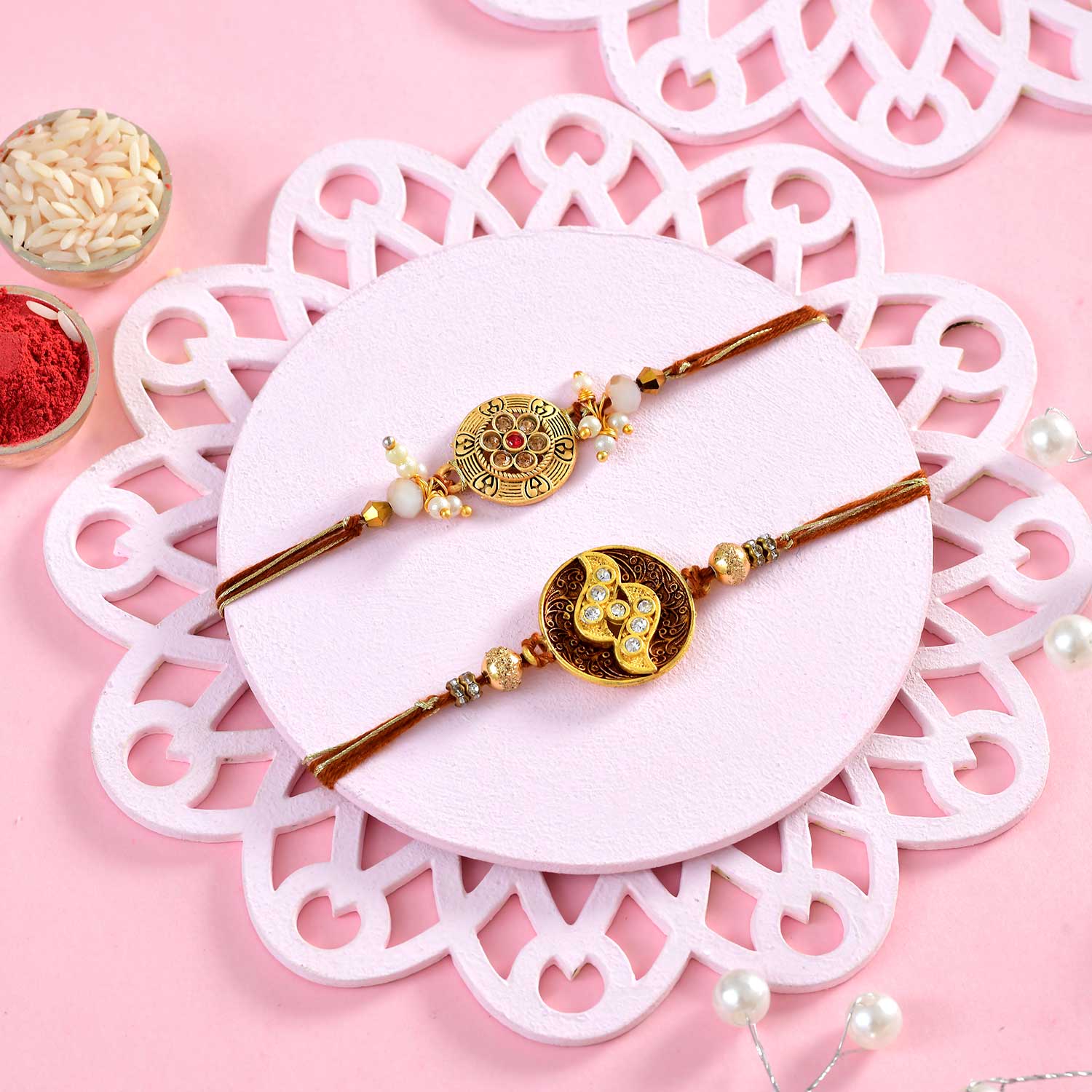 2 Golden Brown Rakhi Set With Lindt Chocolates