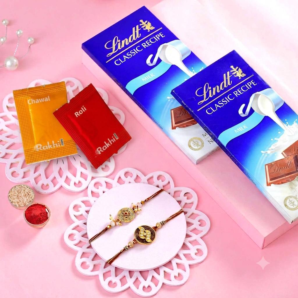 2 Golden Brown Rakhi Set With Lindt Chocolates