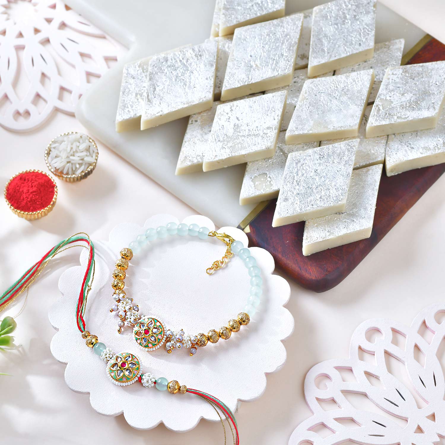 Golden Green Bhaiya Bhabhi Rakhi With Kaju Katli