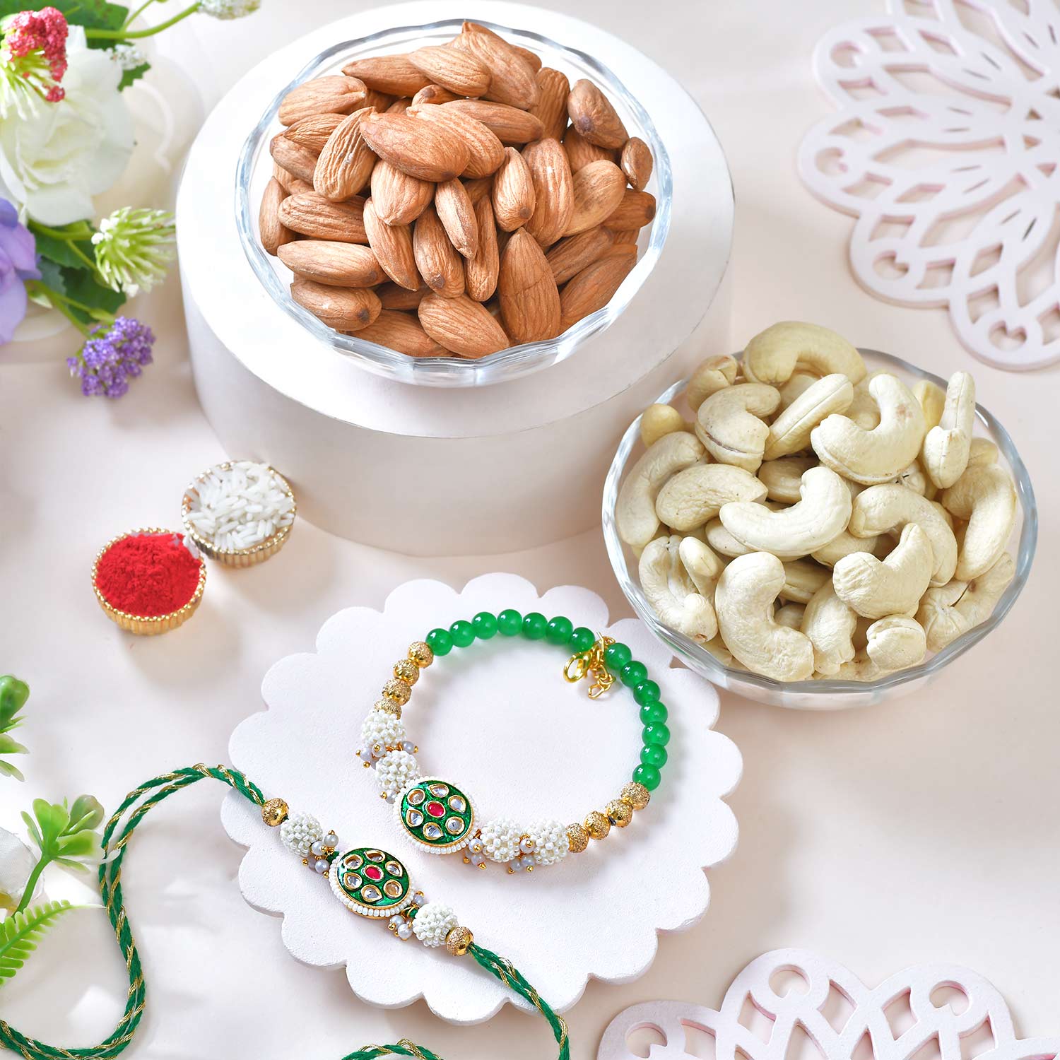 Bhaiya Bhabhi Green Golden Raki Set With Dry Fruits