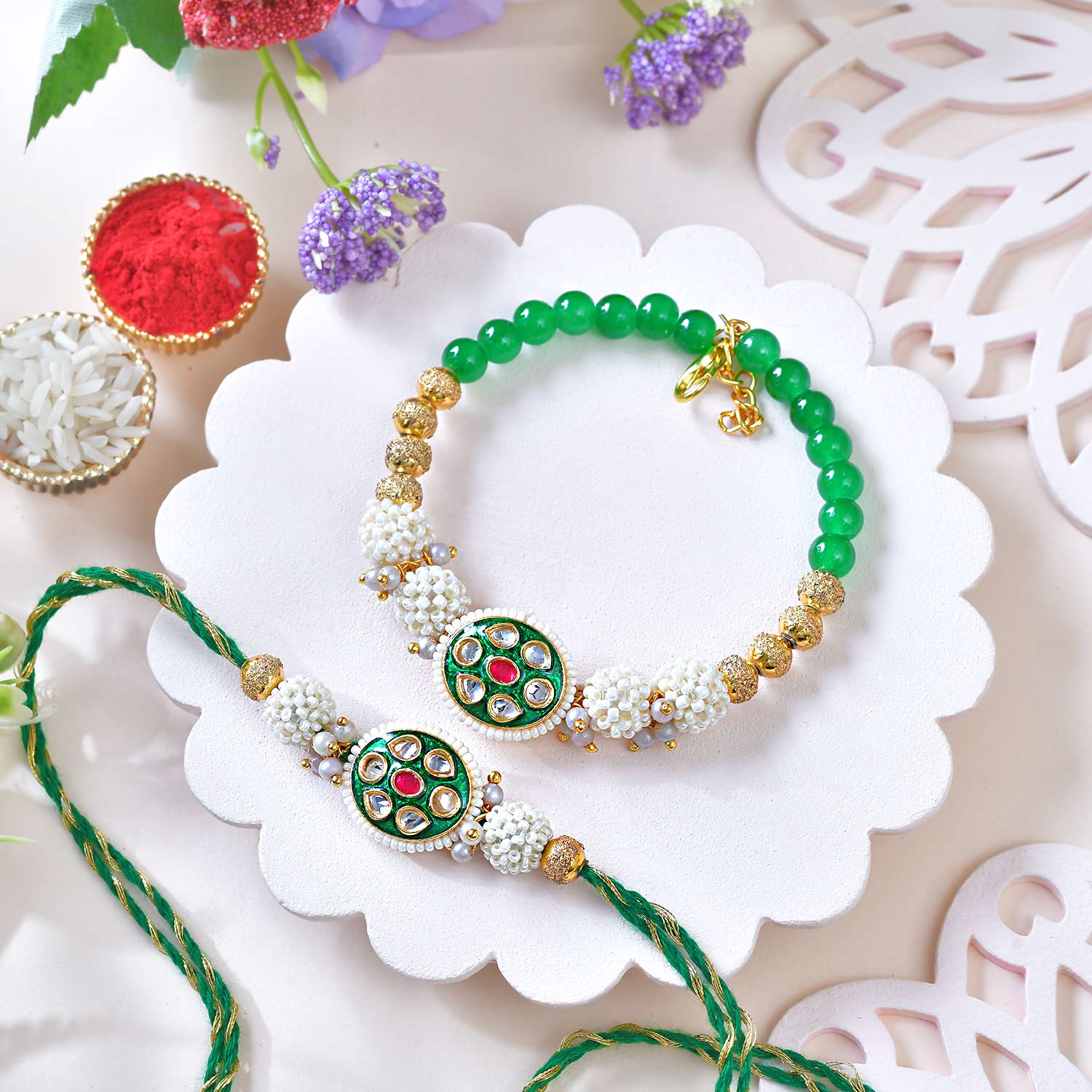 Bhaiya Bhabhi Green Golden Raki Set With Dry Fruits