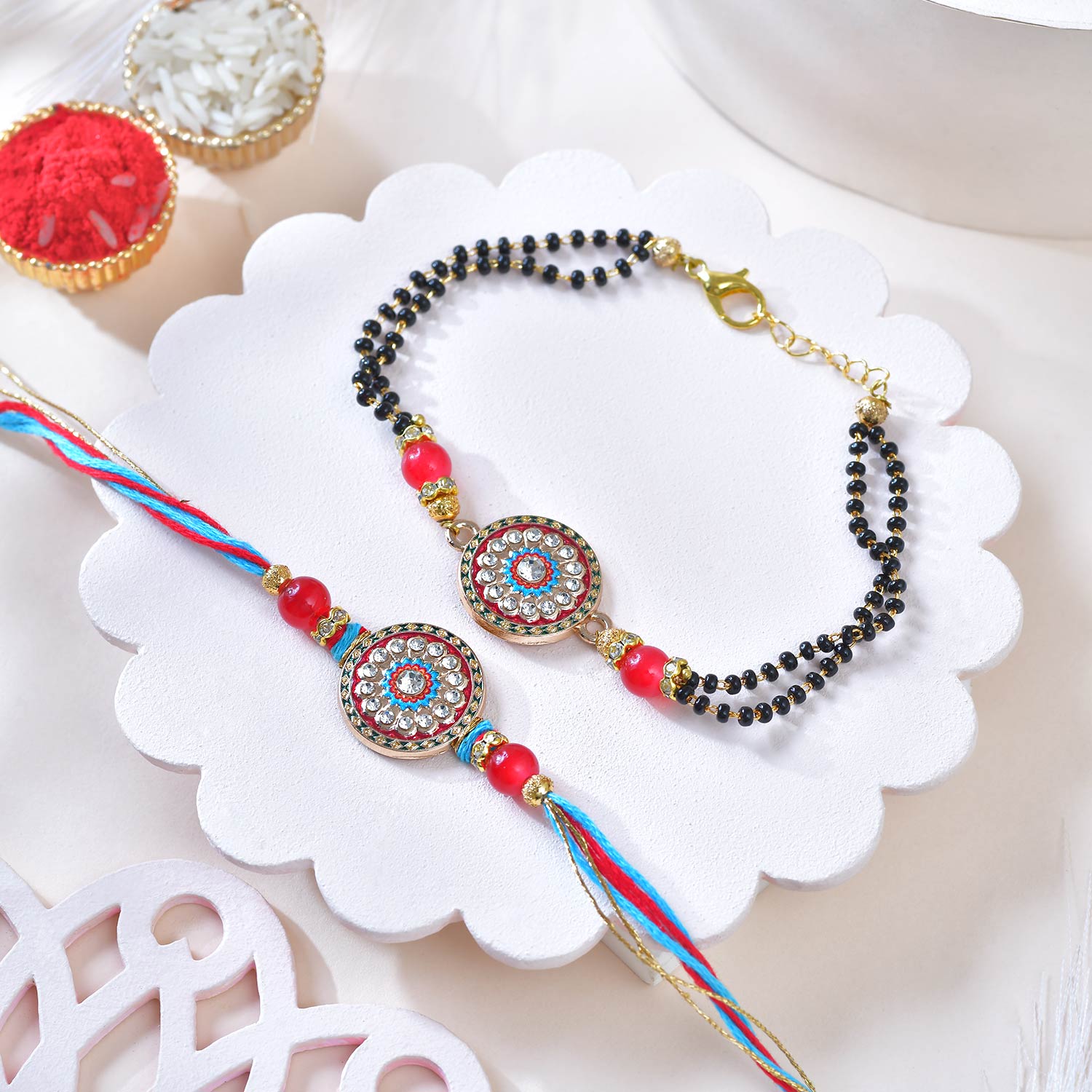 Stylish & Traditional Two Rakhi Set With Kaju Katli