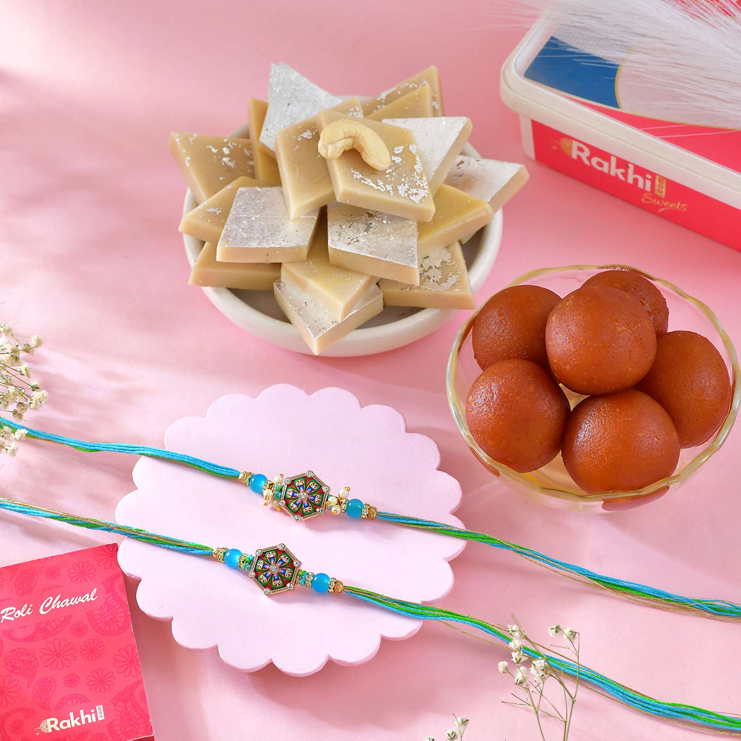 Two Designer Blue Rakhi Set With Kaju Katli & Gulab Jamun